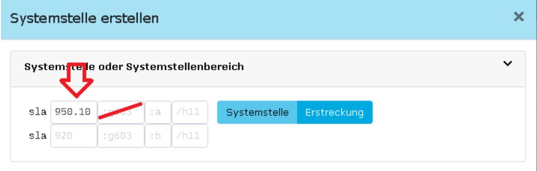 Popupfenster "Neue Systemstelle. Eintragen einer neuen Systemstelle mit Punkt